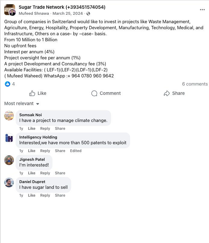 Facebook broker advertisement offering Swiss funding under Corinth facility names LEF-1, LEF-2, LDF-1, LDF-2 with 'No upfront fees'