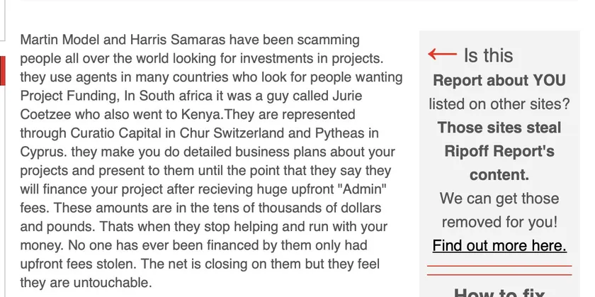 Ripoff Report complaint naming Curatio Capital, Pytheas, Martin Model and Jurie Coetzee