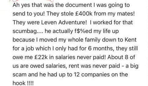 Former employee message alleging unpaid salaries and describing work for the Corinth business in Kent